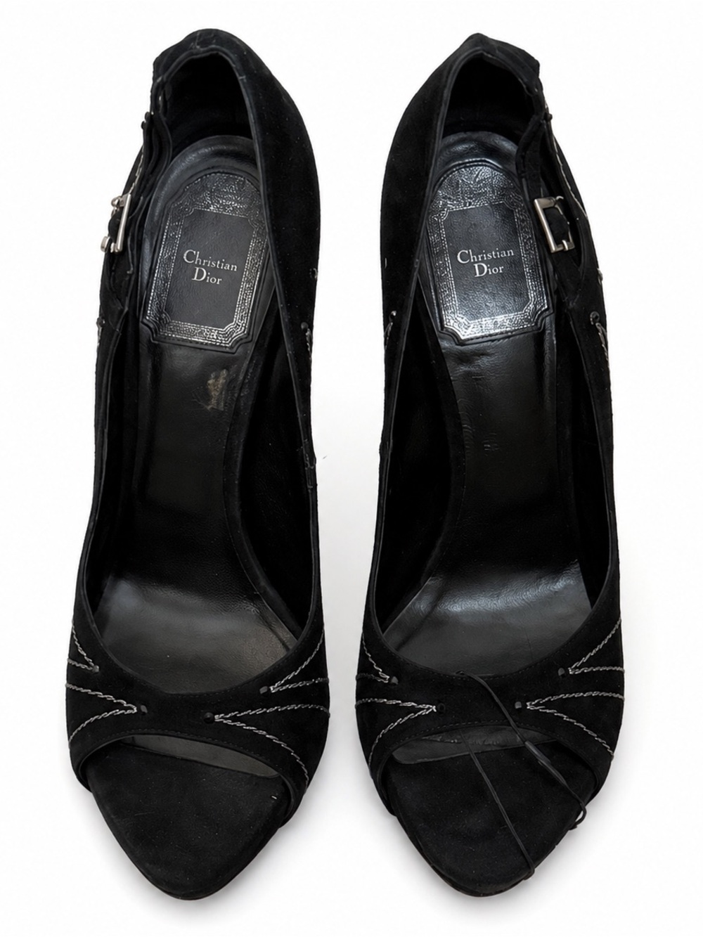 💯 Authentic Christian Dior Black Suede Peep Toe Heels with Studded Heel & Dior C - Picture 6 of 7